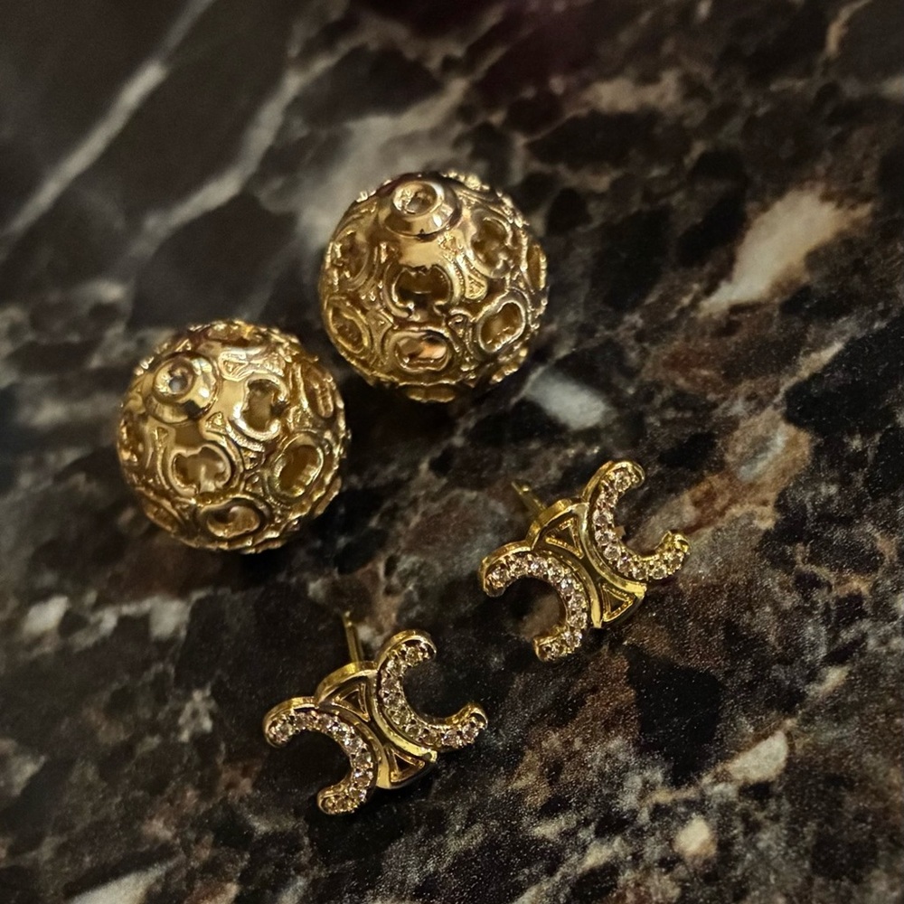 Gold Crystal Celine Style Emblem Stud Earrings
